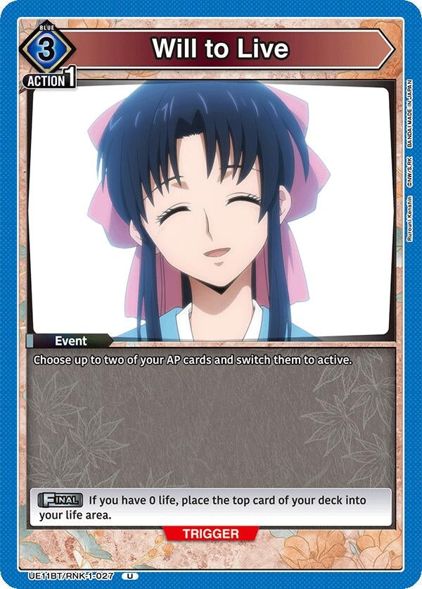 Image for Will to Live (UE11BT/RNK-1-027) (UE11BT: Rurouni Kenshin) - Union Arena