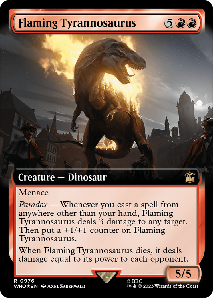 Flaming Tyrannosaurus (Extended Art) (Surge Foil) [Doctor Who] | Red Riot Games CA