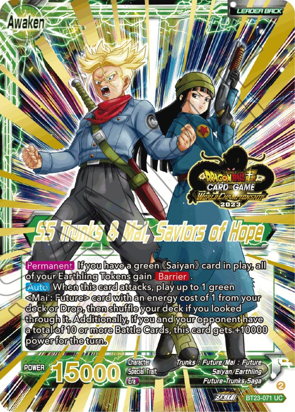 Trunks & Mai // SS Trunks & Mai, Saviors of Hope (2023 Worlds ZENKAI 06 Leader Set) (BT23-071) [Tournament Promotion Cards] | Red Riot Games CA