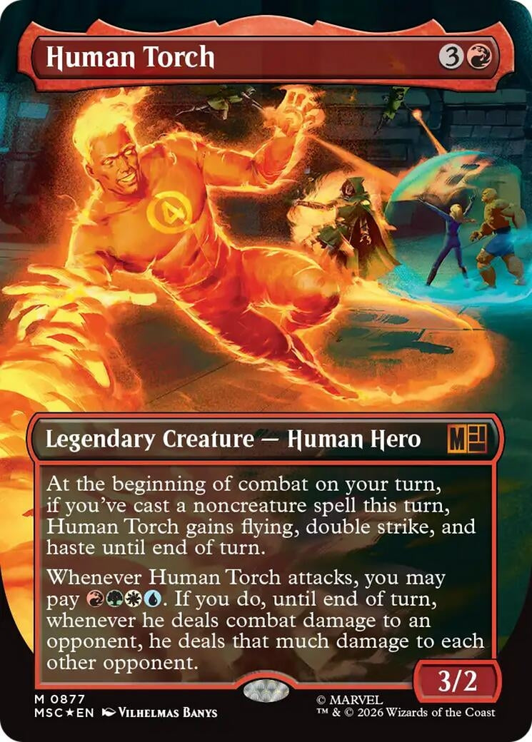 Image for Human Torch (Borderless) (Surge Foil) (877) (Commander: Marvel Super Heroes) (MSC) - Magic: The Gathering
