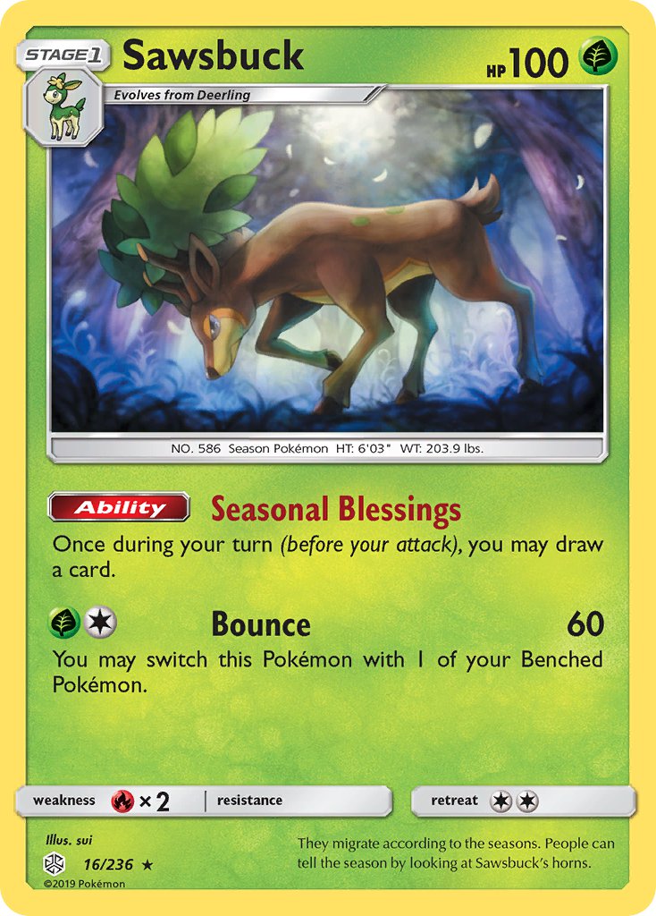 Sawsbuck (16/236) (Prerelease Kit Exclusive) (Theme Deck Exclusive) [Sun & Moon: Cosmic Eclipse] | Red Riot Games CA