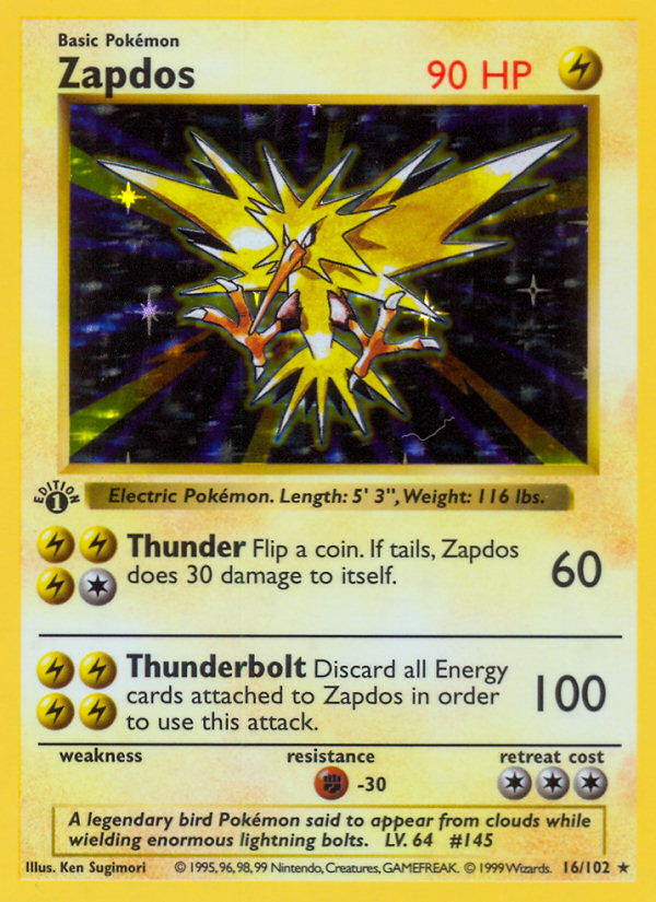 Zapdos (16/102) (Shadowless) [Base Set 1st Edition] | Red Riot Games CA